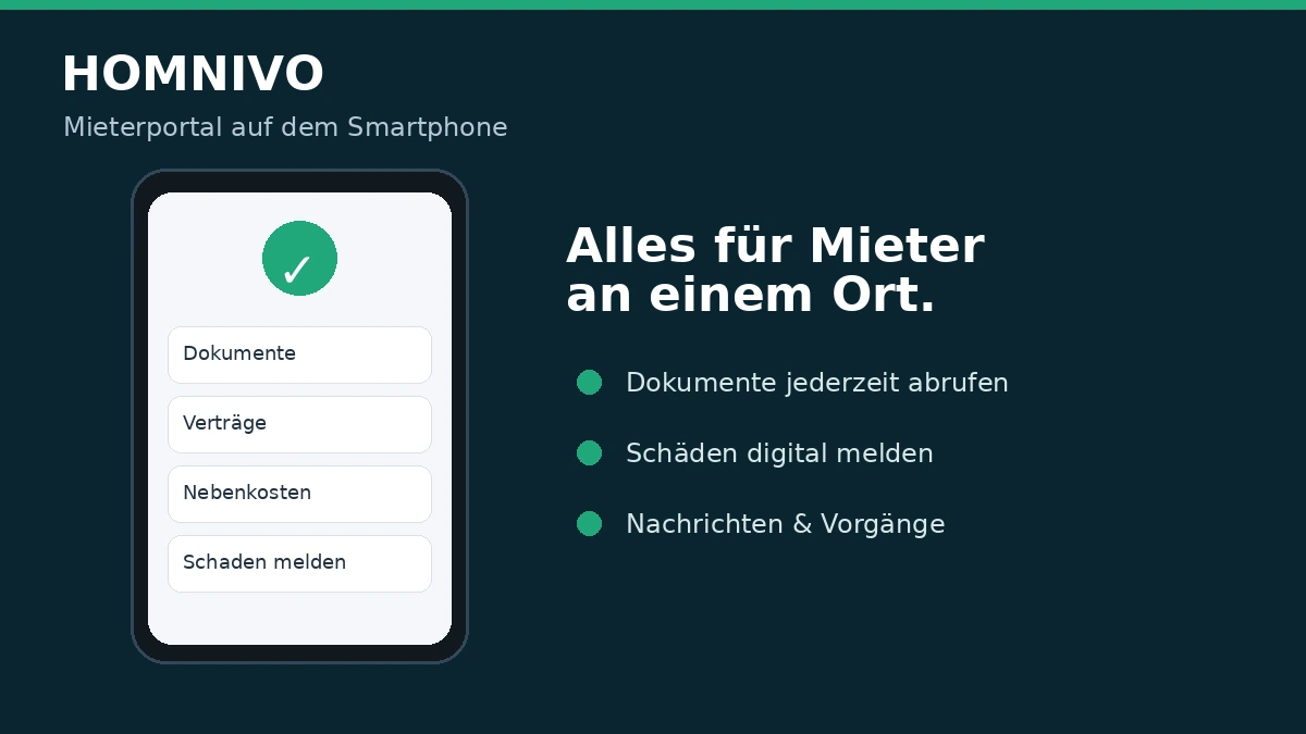 HOMNIVO Mieterportal mit Dokumenten, Zahlungen und Schadensmeldungen.